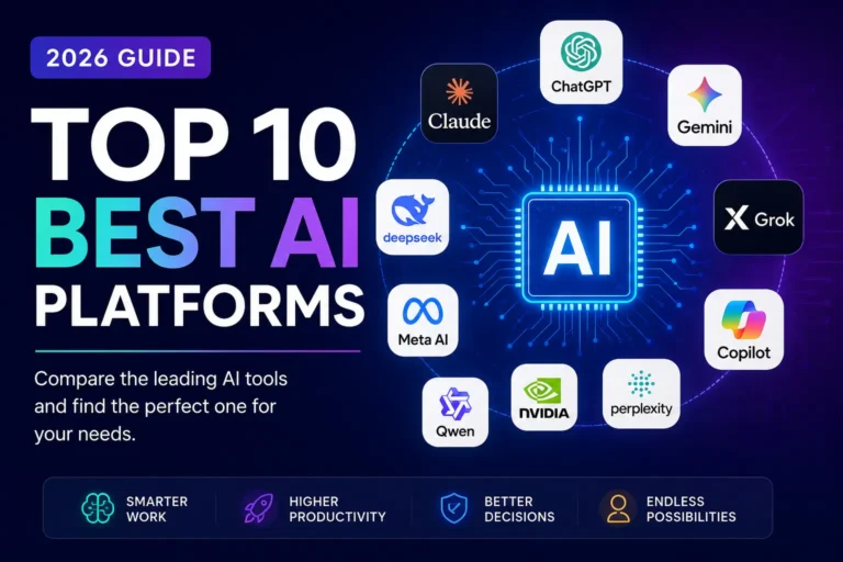 Top 10 Best AI Platforms in 2026 including ChatGPT, Claude AI, Gemini, Grok, Perplexity, DeepSeek, and Microsoft Copilot